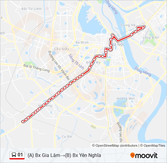 Bản đồ tuyến đường xe buýt số 01 Hà Nội.