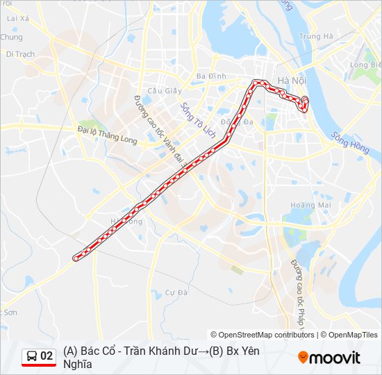 Bản đồ tuyến đường xe buýt số 02 Hà Nội.